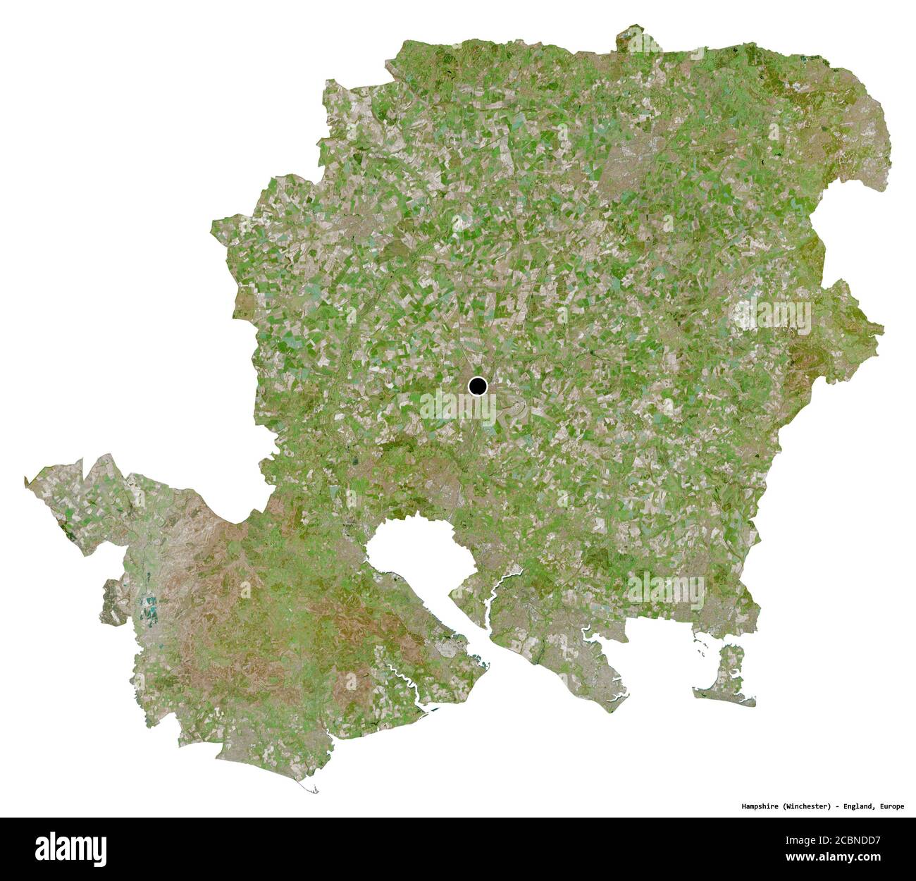 Forme du Hampshire, comté administratif de l'Angleterre, avec sa capitale isolée sur fond blanc. Imagerie satellite. Rendu 3D Banque D'Images