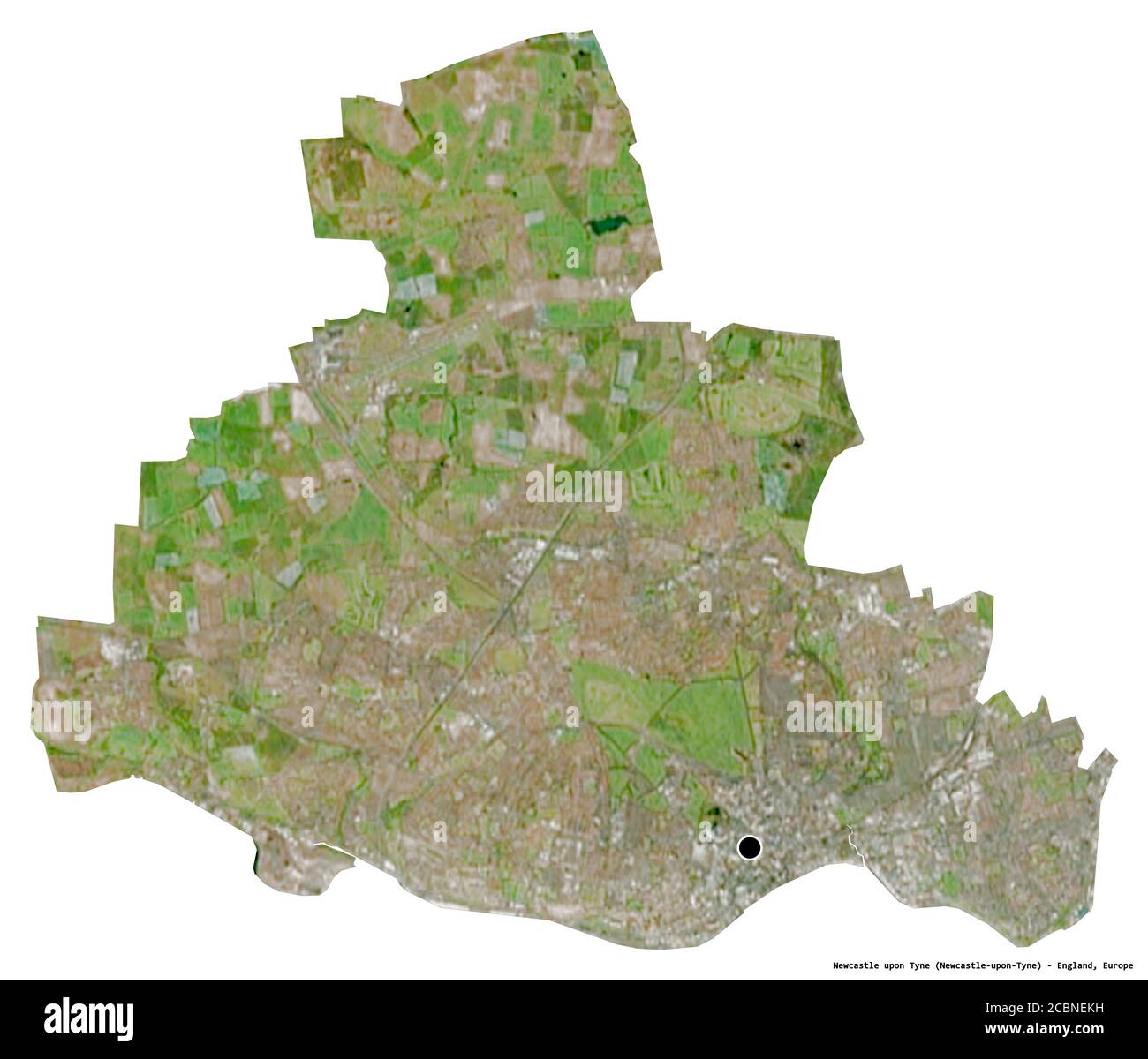 Forme de Newcastle upon Tyne, comté administratif d'Angleterre, avec sa capitale isolée sur fond blanc. Imagerie satellite. Rendu 3D Banque D'Images