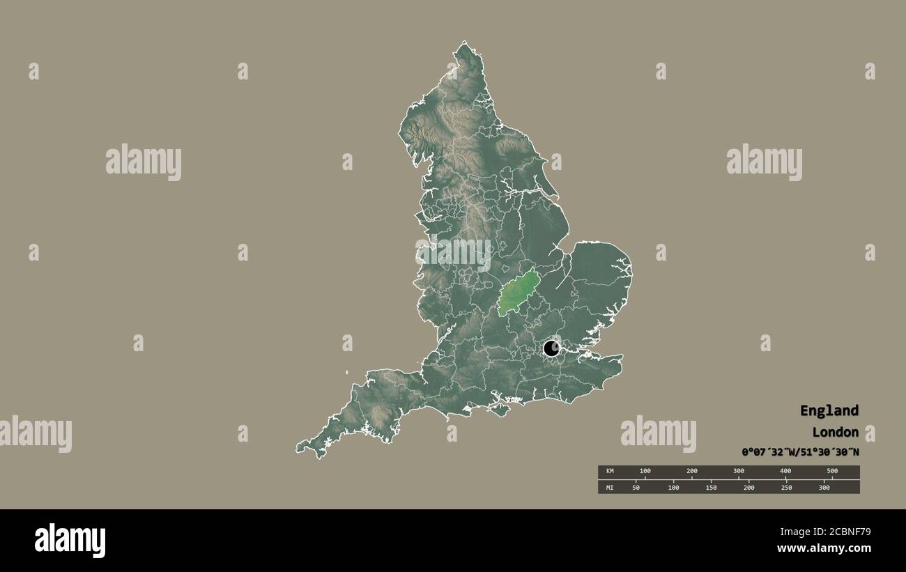 Forme désaturée de l'Angleterre avec sa capitale, sa principale division régionale et la région séparée du Northamptonshire. Étiquettes. Carte topographique de relief. Rend 3D Banque D'Images