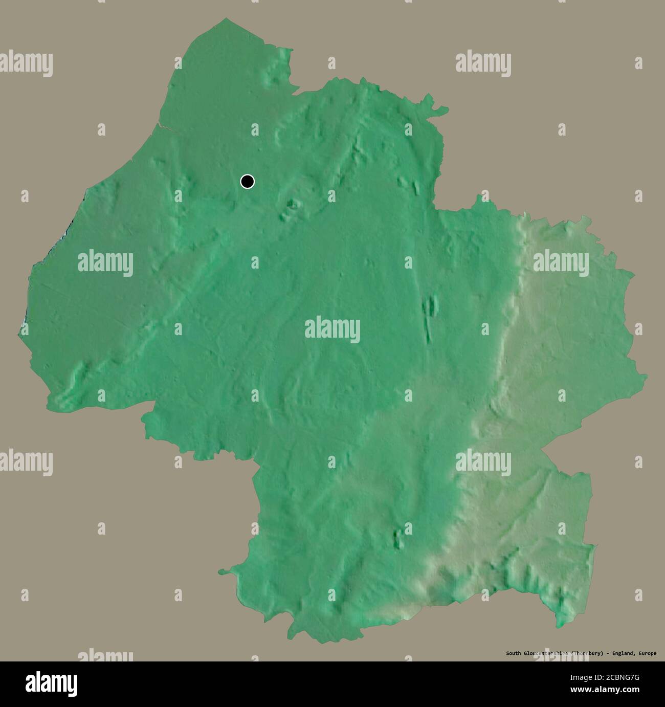 Forme du sud du Gloucestershire, autorité unitaire de l'Angleterre, avec sa capitale isolée sur un fond de couleur unie. Carte topographique de relief. Rendu 3D Banque D'Images