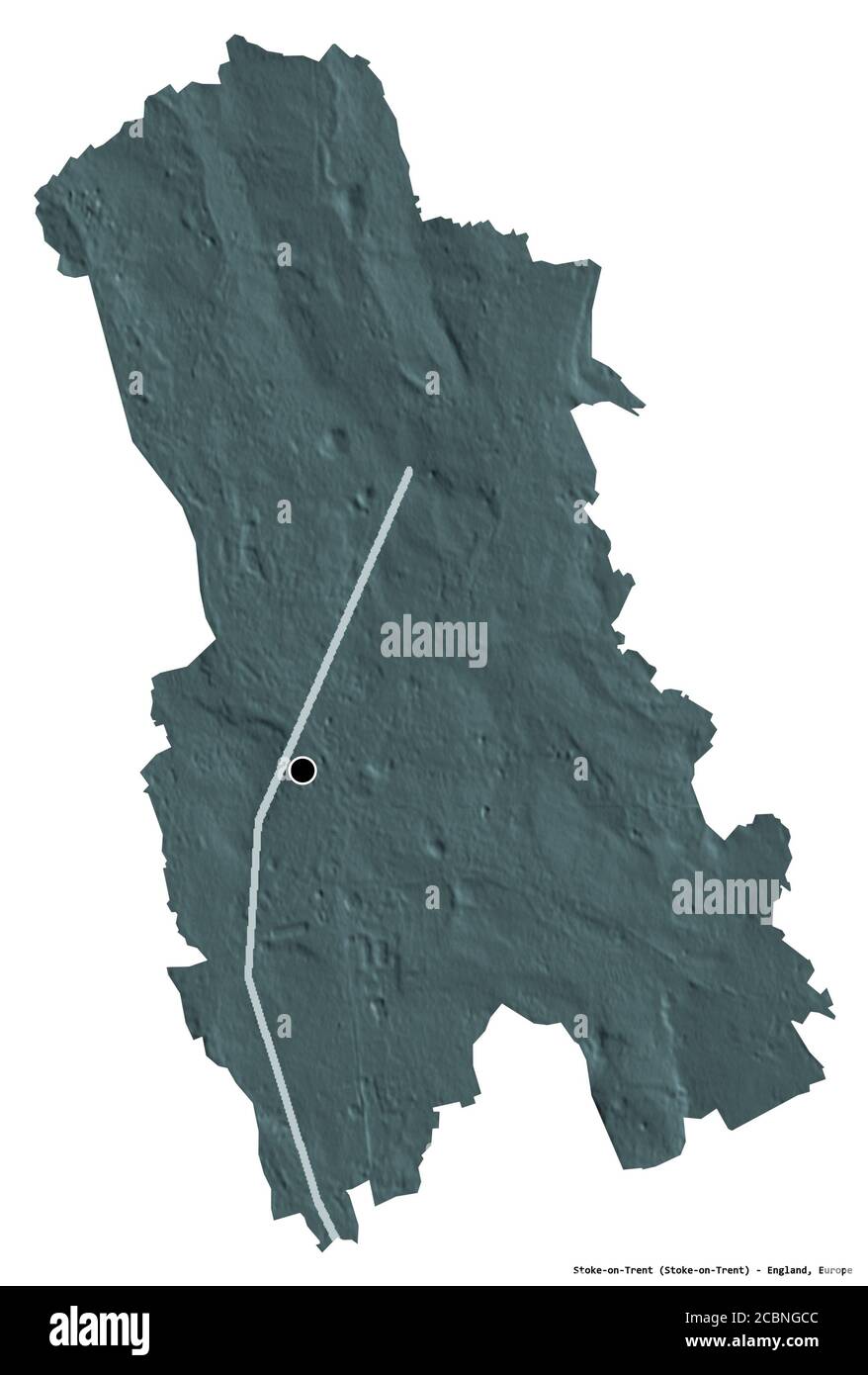 Forme de Stoke-on-Trent, autorité unitaire de l'Angleterre, avec sa capitale isolée sur fond blanc. Carte d'altitude en couleur. Rendu 3D Banque D'Images