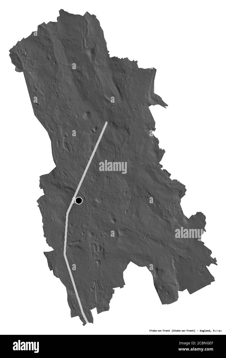 Forme de Stoke-on-Trent, autorité unitaire de l'Angleterre, avec sa capitale isolée sur fond blanc. Carte d'élévation à deux niveaux. Rendu 3D Banque D'Images