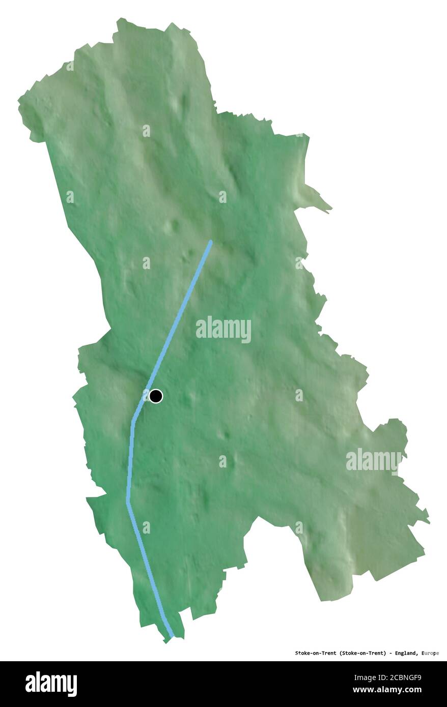 Forme de Stoke-on-Trent, autorité unitaire de l'Angleterre, avec sa capitale isolée sur fond blanc. Carte topographique de relief. Rendu 3D Banque D'Images