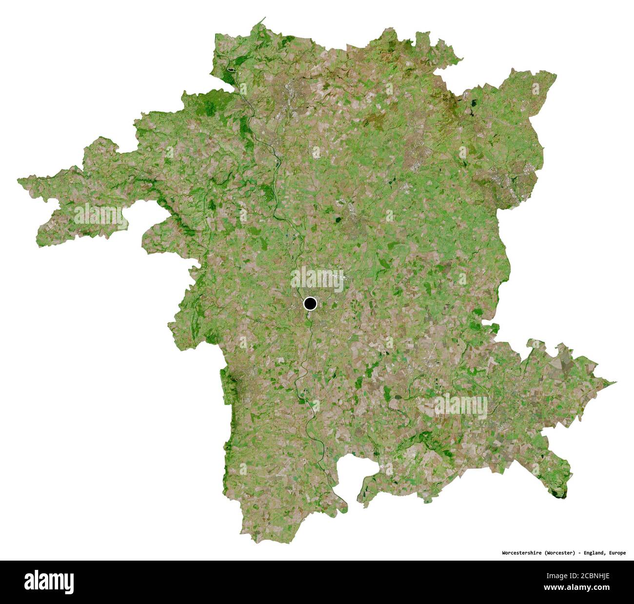 Forme de Worcestershire, comté administratif d'Angleterre, avec sa capitale isolée sur fond blanc. Imagerie satellite. Rendu 3D Banque D'Images