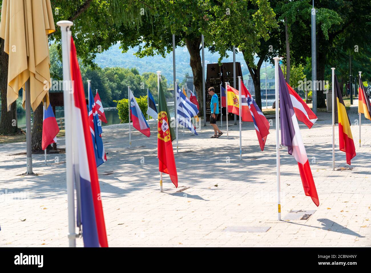 La ville de Schengen, sur la Moselle, au Grand-Duché de Luxembourg, où l'Accord de Schengen de 1985 a été signé, Monument européen à la Muse Banque D'Images