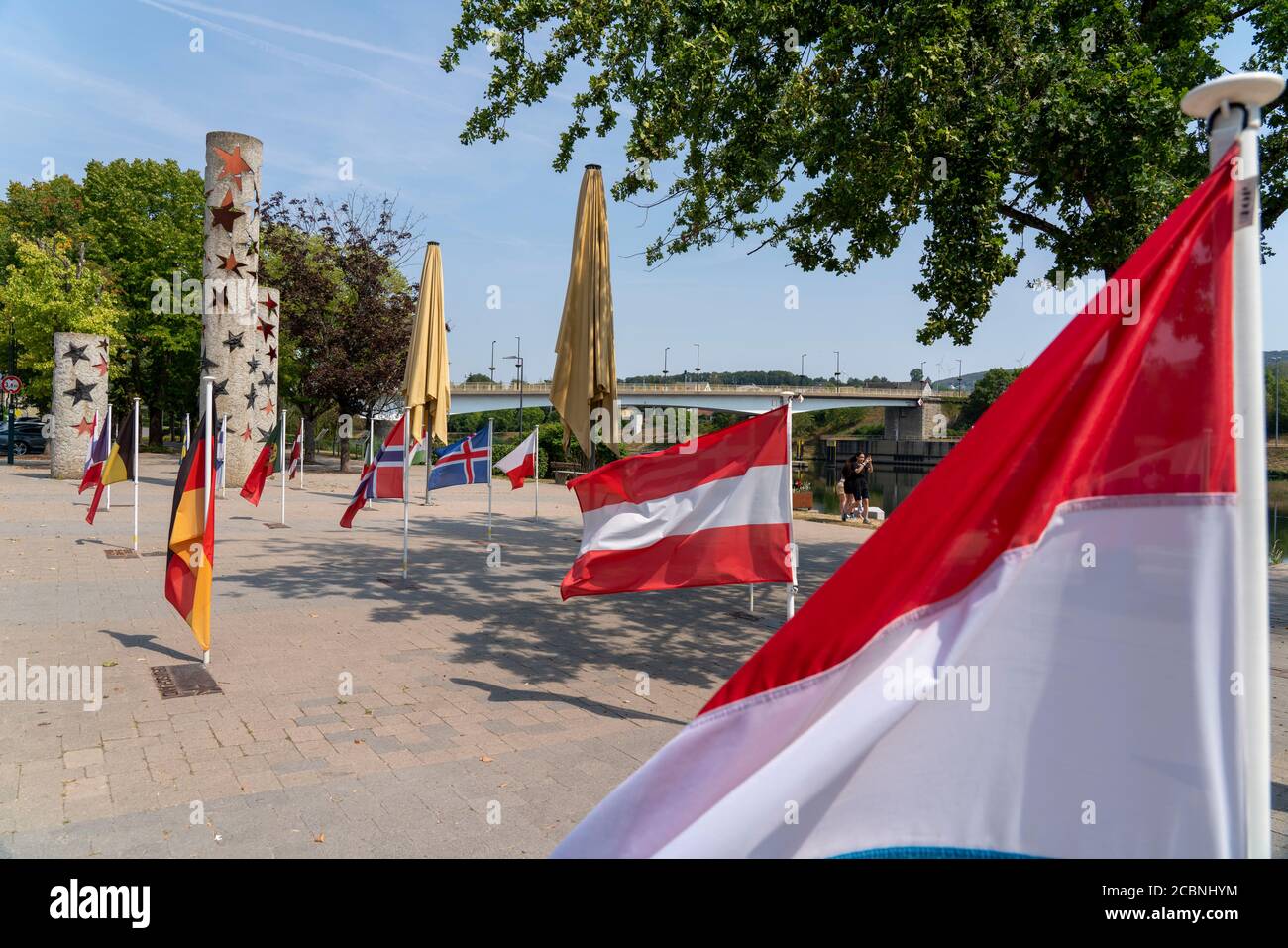 La ville de Schengen, sur la Moselle, au Grand-Duché de Luxembourg, où l'Accord de Schengen de 1985 a été signé, Monument européen à la Muse Banque D'Images