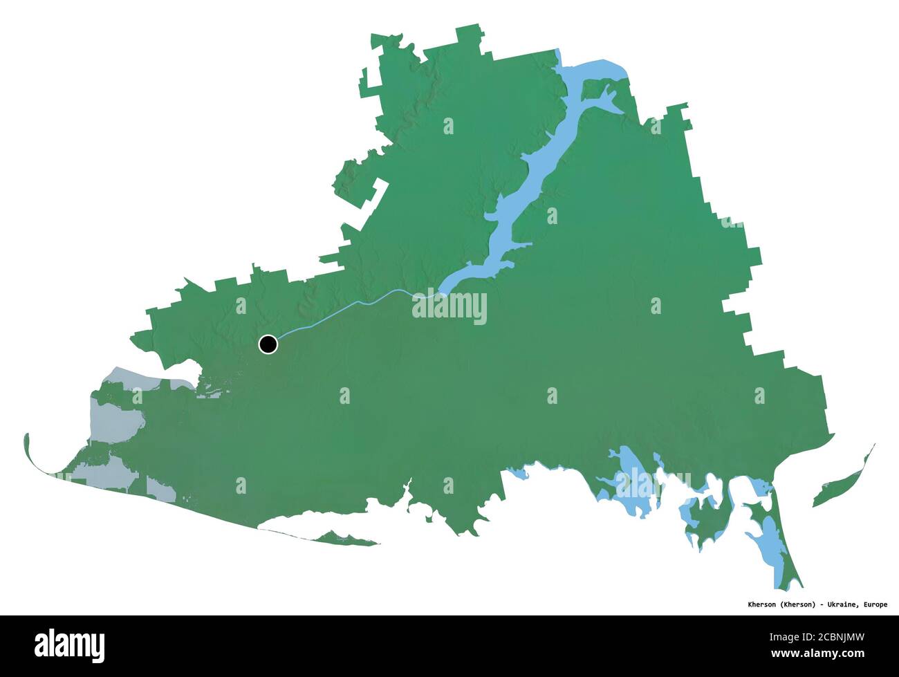 Forme de Kherson, région de l'Ukraine, avec sa capitale isolée sur fond blanc. Carte topographique de relief. Rendu 3D Banque D'Images