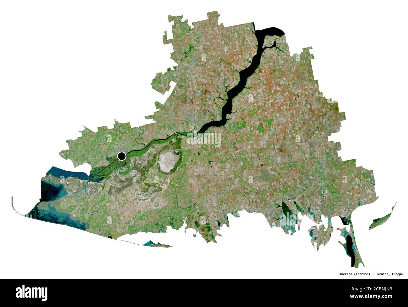 Forme de Kherson, région de l'Ukraine, avec sa capitale isolée sur fond blanc. Imagerie satellite. Rendu 3D Banque D'Images