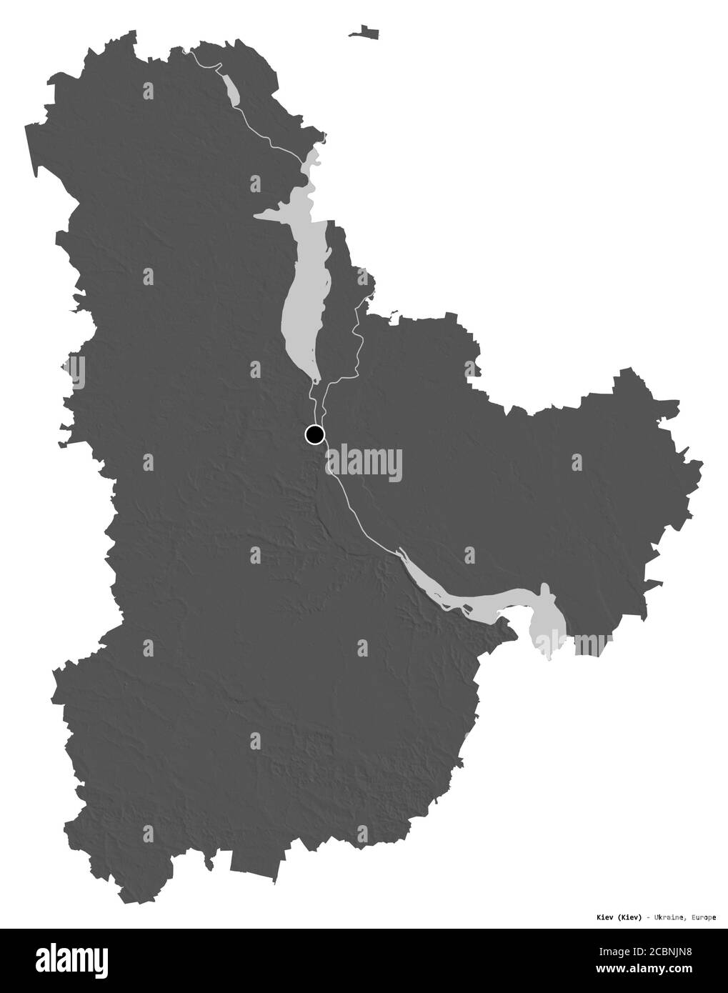 Forme de Kiev, région de l'Ukraine, avec sa capitale isolée sur fond blanc. Carte d'élévation à deux niveaux. Rendu 3D Banque D'Images