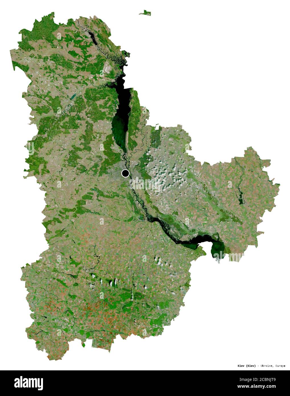 Forme de Kiev, région de l'Ukraine, avec sa capitale isolée sur fond blanc. Imagerie satellite. Rendu 3D Banque D'Images