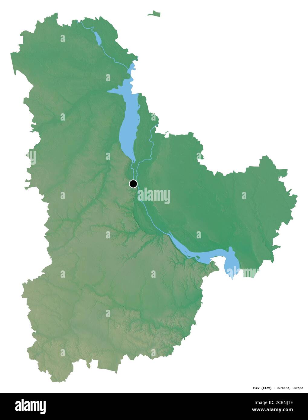 Forme de Kiev, région de l'Ukraine, avec sa capitale isolée sur fond blanc. Carte topographique de relief. Rendu 3D Banque D'Images