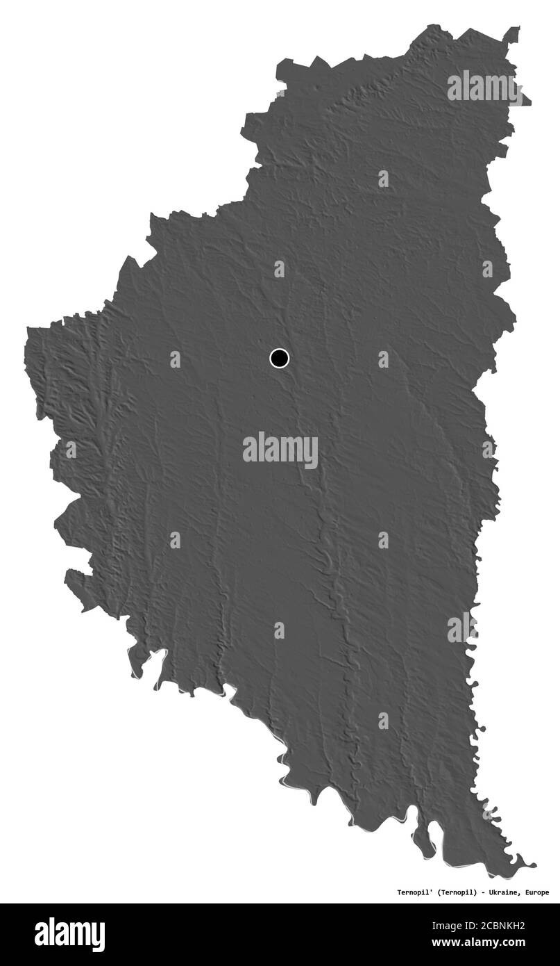 Forme de Ternopil', région de l'Ukraine, avec sa capitale isolée sur fond blanc. Carte d'élévation à deux niveaux. Rendu 3D Banque D'Images