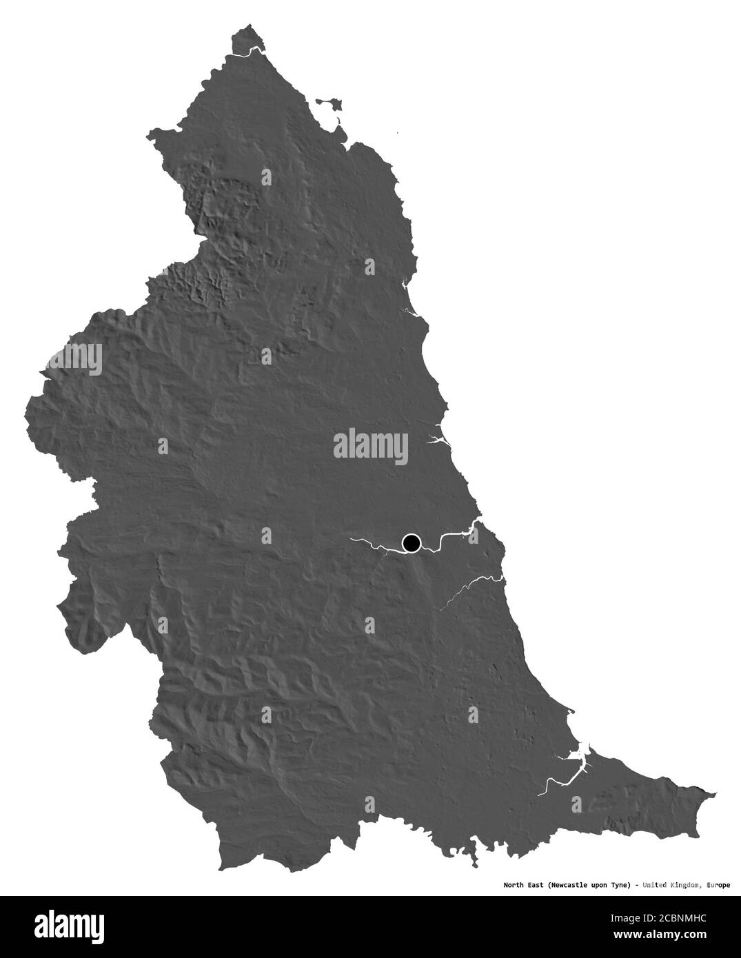 Forme du Nord-est, région du Royaume-Uni, avec sa capitale isolée sur fond blanc. Carte d'élévation à deux niveaux. Rendu 3D Banque D'Images