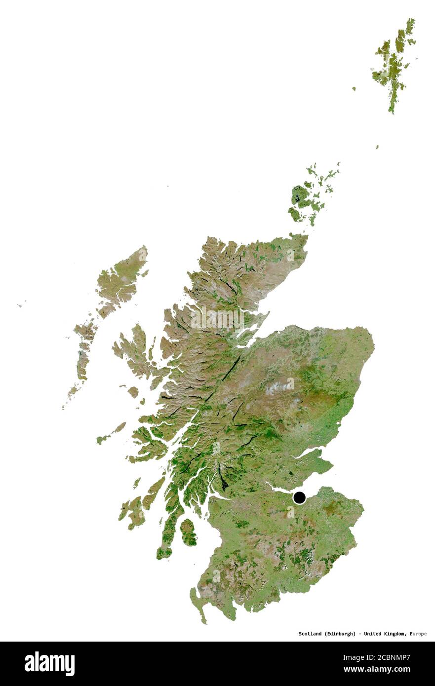 Forme de l'Écosse, région du Royaume-Uni, avec sa capitale isolée sur fond blanc. Imagerie satellite. Rendu 3D Banque D'Images