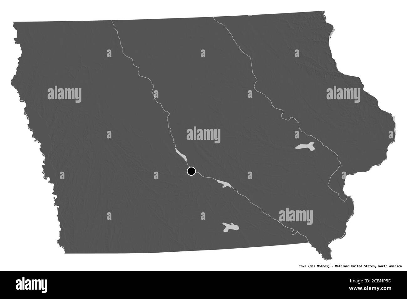 Forme de l'Iowa, État de la Mainland États-Unis, avec sa capitale isolée sur fond blanc. Carte d'élévation à deux niveaux. Rendu 3D Banque D'Images