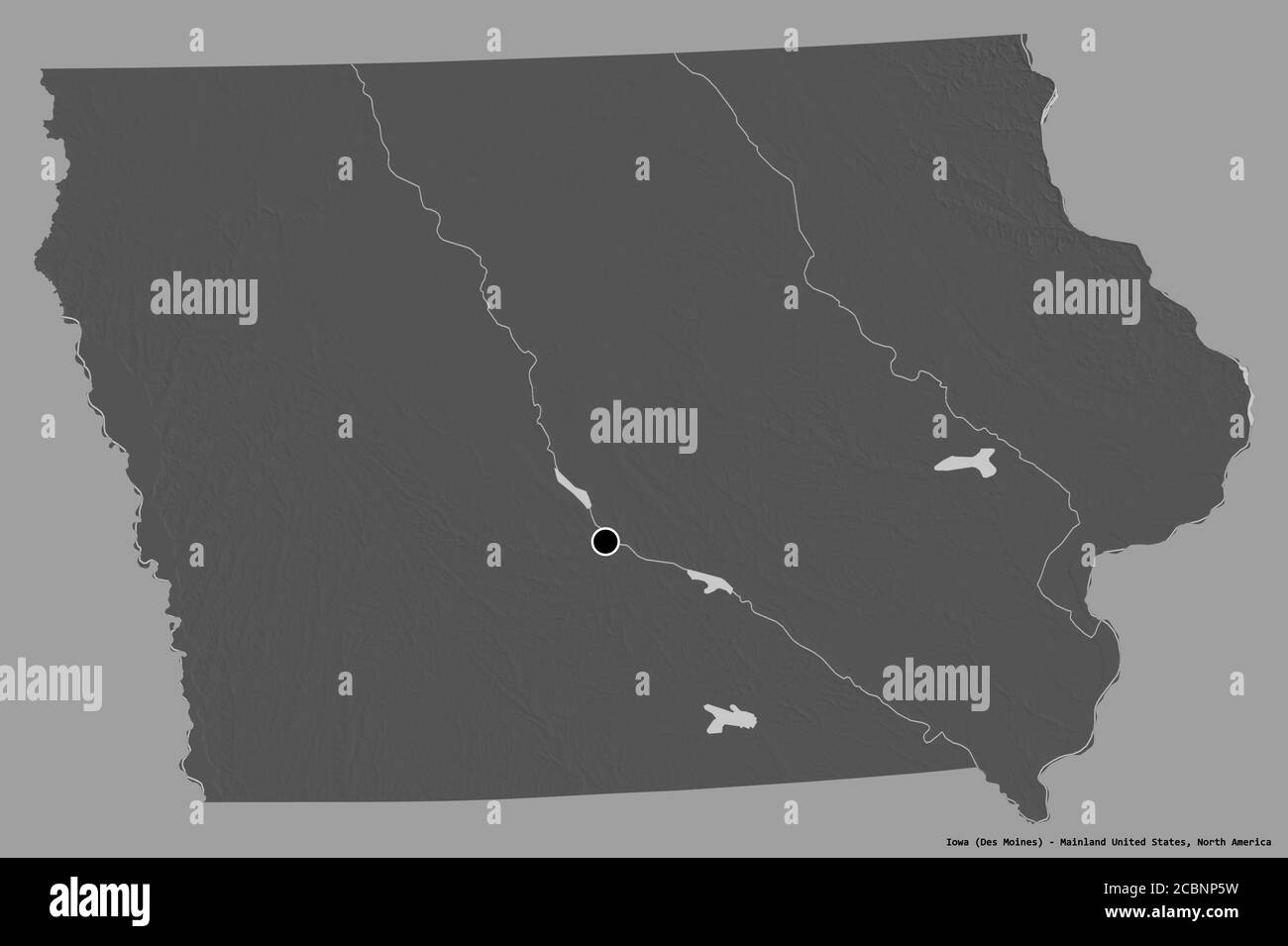 Forme de l'Iowa, État du continent des États-Unis, avec sa capitale isolée sur un fond de couleur unie. Carte d'élévation à deux niveaux. Rendu 3D Banque D'Images