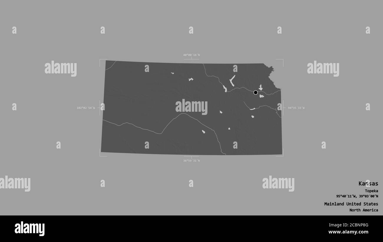 Région du Kansas, État du continent des États-Unis, isolée sur un fond solide dans une boîte englobante géoréférencée. Étiquettes. Carte d'élévation à deux niveaux. 3D ren Banque D'Images