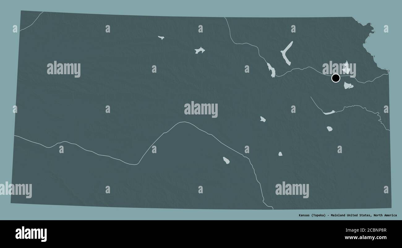 Shape of Kansas, État du continent des États-Unis, avec sa capitale isolée sur un fond de couleur unie. Carte d'altitude en couleur. Rendu 3D Banque D'Images