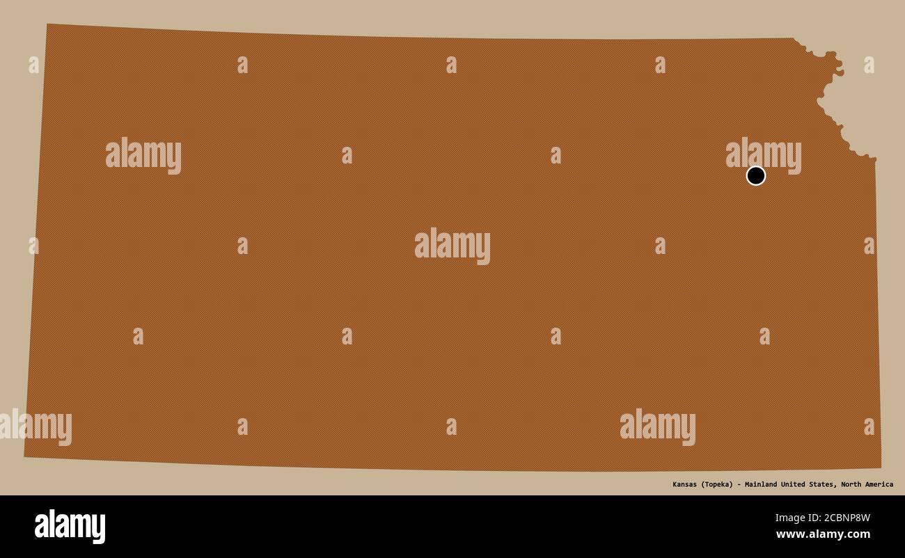 Shape of Kansas, État du continent des États-Unis, avec sa capitale isolée sur un fond de couleur unie. Composition des textures répétées. Rendu 3D Banque D'Images
