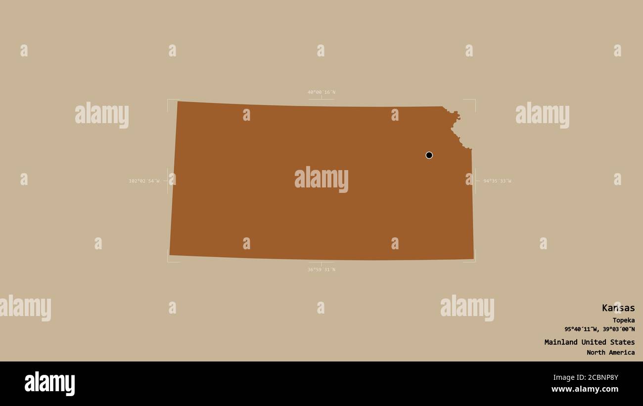 Région du Kansas, État du continent des États-Unis, isolée sur un fond solide dans une boîte englobante géoréférencée. Étiquettes. Composition du texte répété Banque D'Images