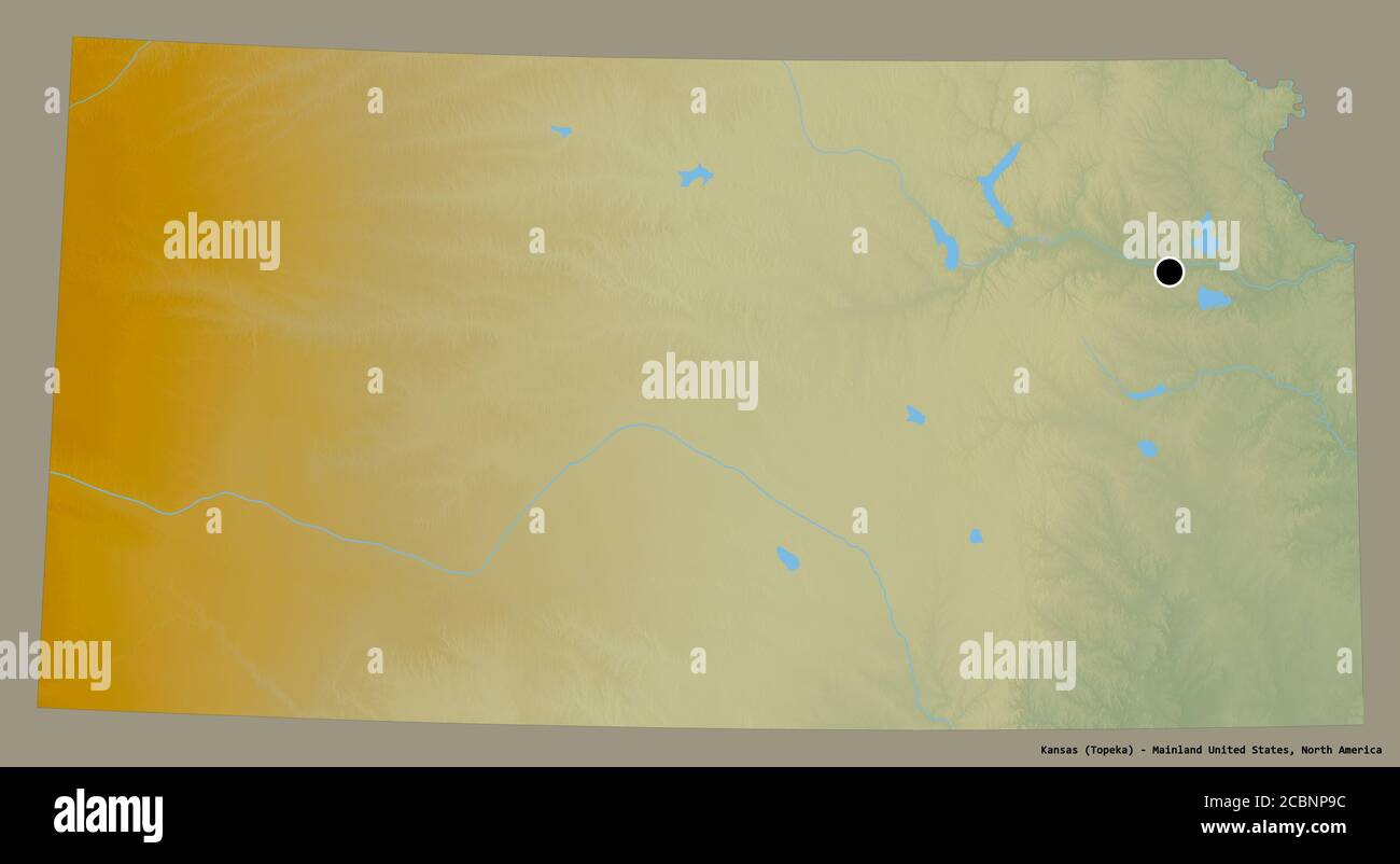 Shape of Kansas, État du continent des États-Unis, avec sa capitale isolée sur un fond de couleur unie. Carte topographique de relief. Rendu 3D Banque D'Images