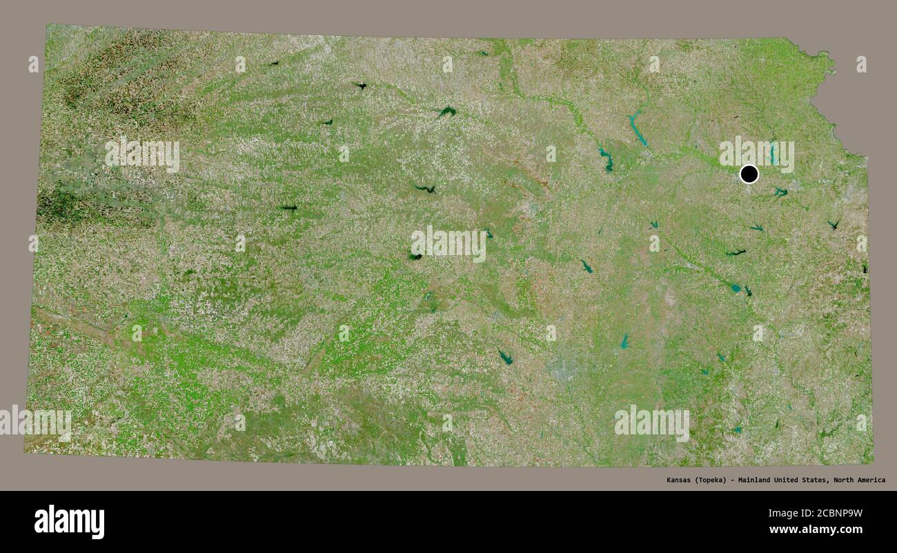 Shape of Kansas, État du continent des États-Unis, avec sa capitale isolée sur un fond de couleur unie. Imagerie satellite. Rendu 3D Banque D'Images