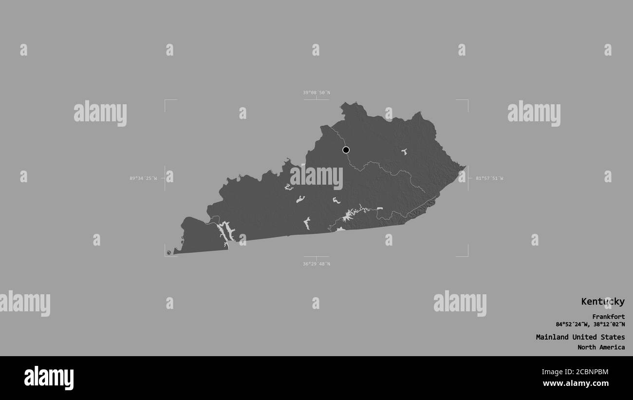Région du Kentucky, État du continent des États-Unis, isolée sur un fond solide dans une boîte englobante géoréférencée. Étiquettes. Carte d'élévation à deux niveaux. 3D r Banque D'Images