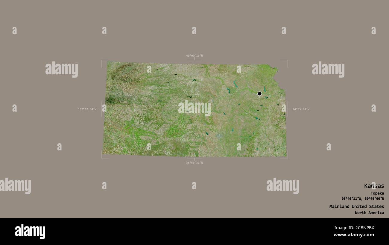 Région du Kansas, État du continent des États-Unis, isolée sur un fond solide dans une boîte englobante géoréférencée. Étiquettes. Imagerie satellite. Rendu 3D Banque D'Images