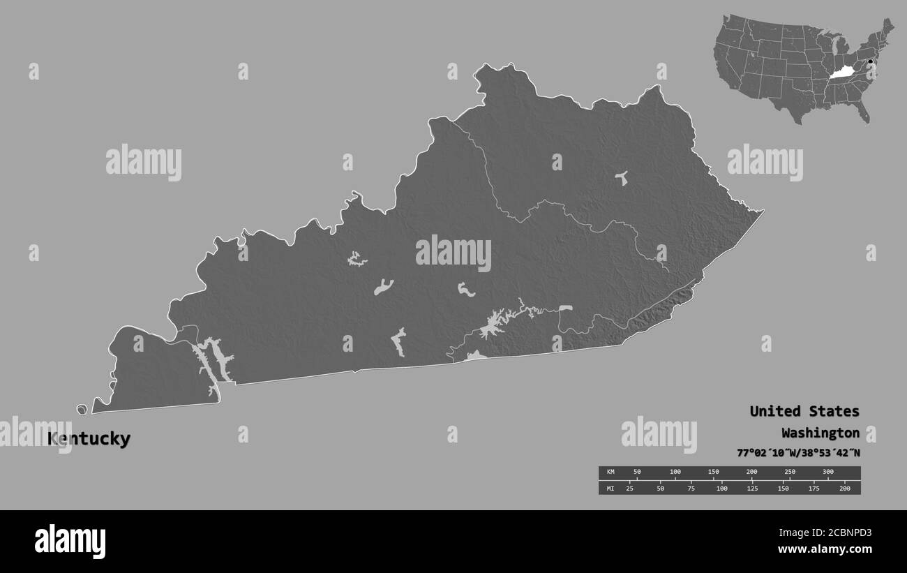 Forme du Kentucky, état de la Mainland États-Unis, avec sa capitale isolée sur fond solide. Échelle de distance, aperçu de la région et libellés. Biniveau Banque D'Images