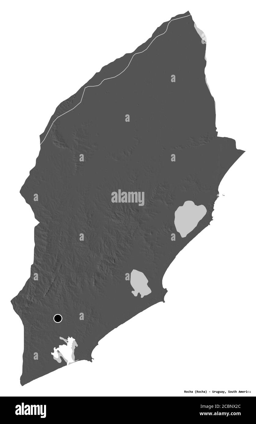 Forme de Rocha, département de l'Uruguay, avec sa capitale isolée sur fond blanc. Carte d'élévation à deux niveaux. Rendu 3D Banque D'Images