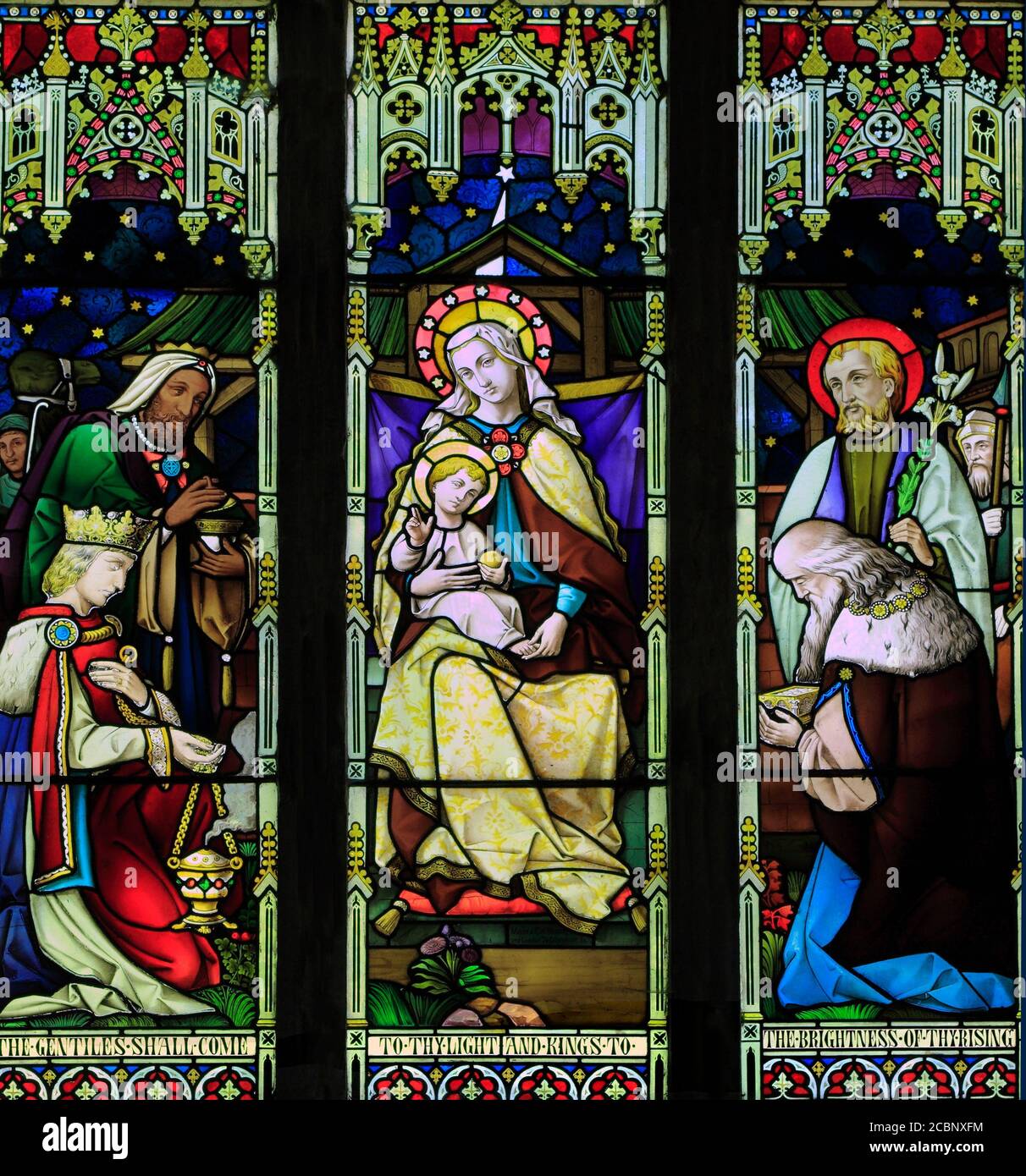 Epiphany, Three Kings, Wise Men, vitrail, fenêtre, Noël, par Mayer & Co. 1873, Brinton, Norfolk, Angleterre, Royaume-Uni Banque D'Images