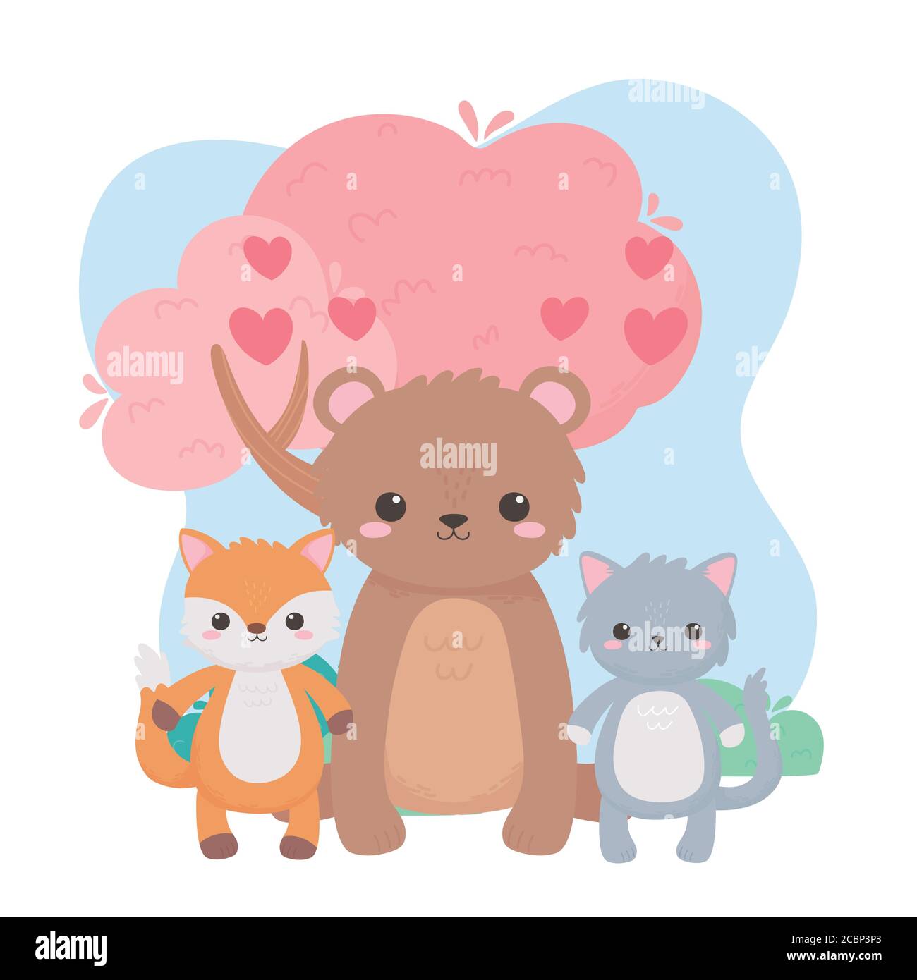 mignon ours chat renard arbre coeurs joli dessin animé animaux dedans illustration vectorielle de paysage naturel Illustration de Vecteur