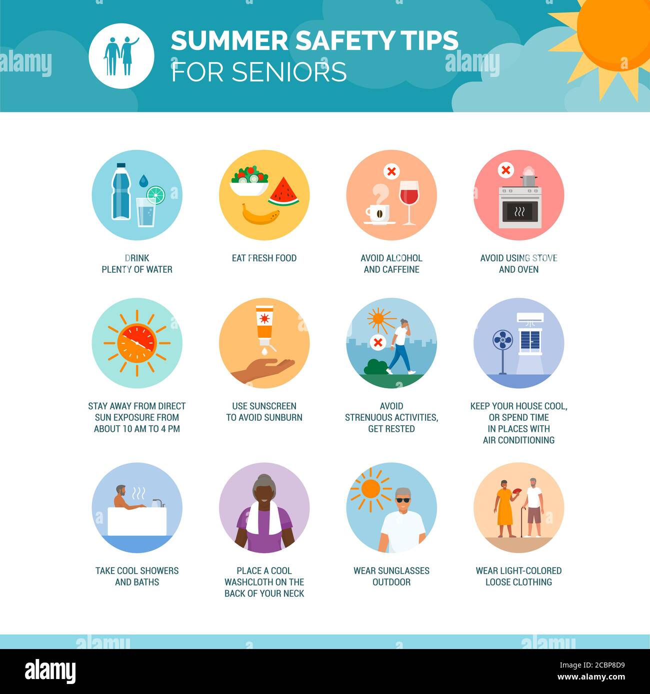 Conseils de sécurité d'été pour les aînés : comment prévenir les coups de chaleur et rester au frais, infographie sur les soins de santé et icônes Illustration de Vecteur