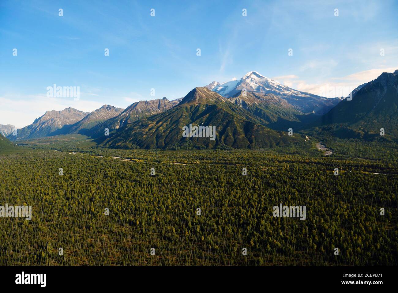 Large vallée boisée avec pics de montagne, parc national du lac Clark, Alaska, États-Unis Banque D'Images