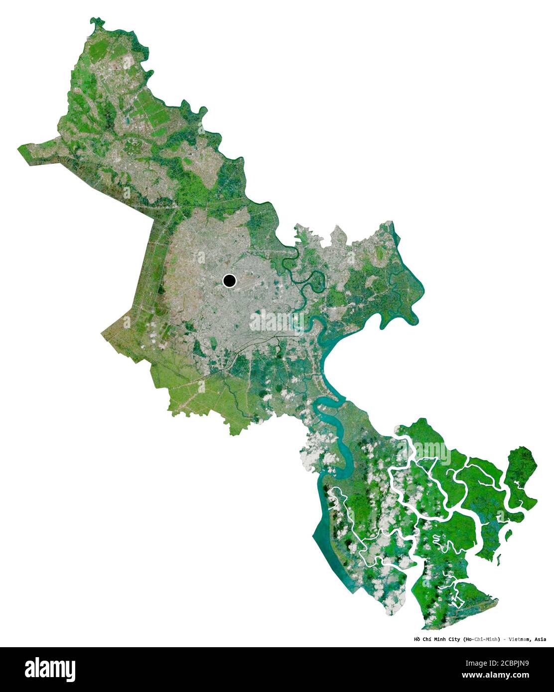 Forme de Hồ Chí Minh ville, ville du Vietnam, avec sa capitale isolée sur fond blanc. Imagerie satellite. Rendu 3D Banque D'Images