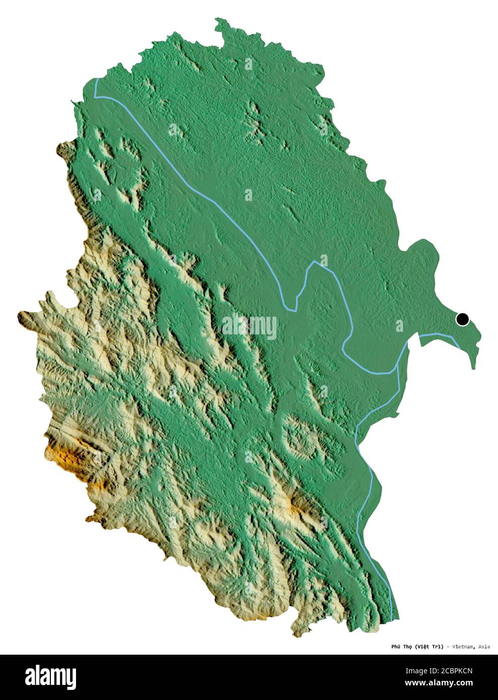 Forme de Phú Thọ, province du Vietnam, avec sa capitale isolée sur fond blanc. Carte topographique de relief. Rendu 3D Banque D'Images