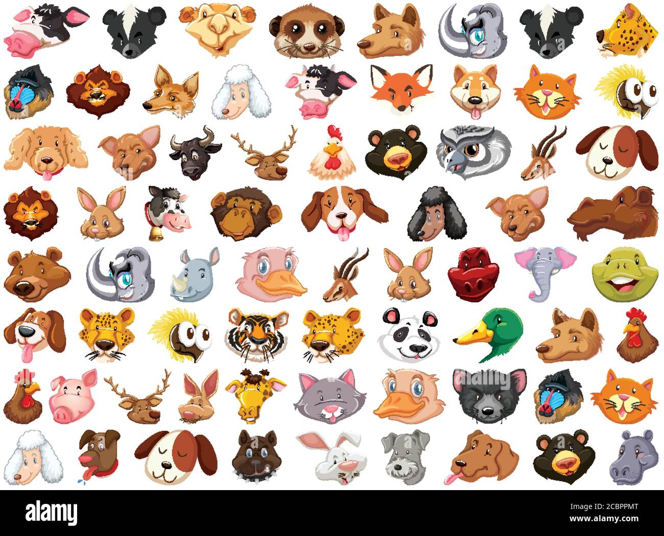 Ensemble de différents animaux de dessin animé mignon tête énorme isolé sur fond blanc illustration Illustration de Vecteur