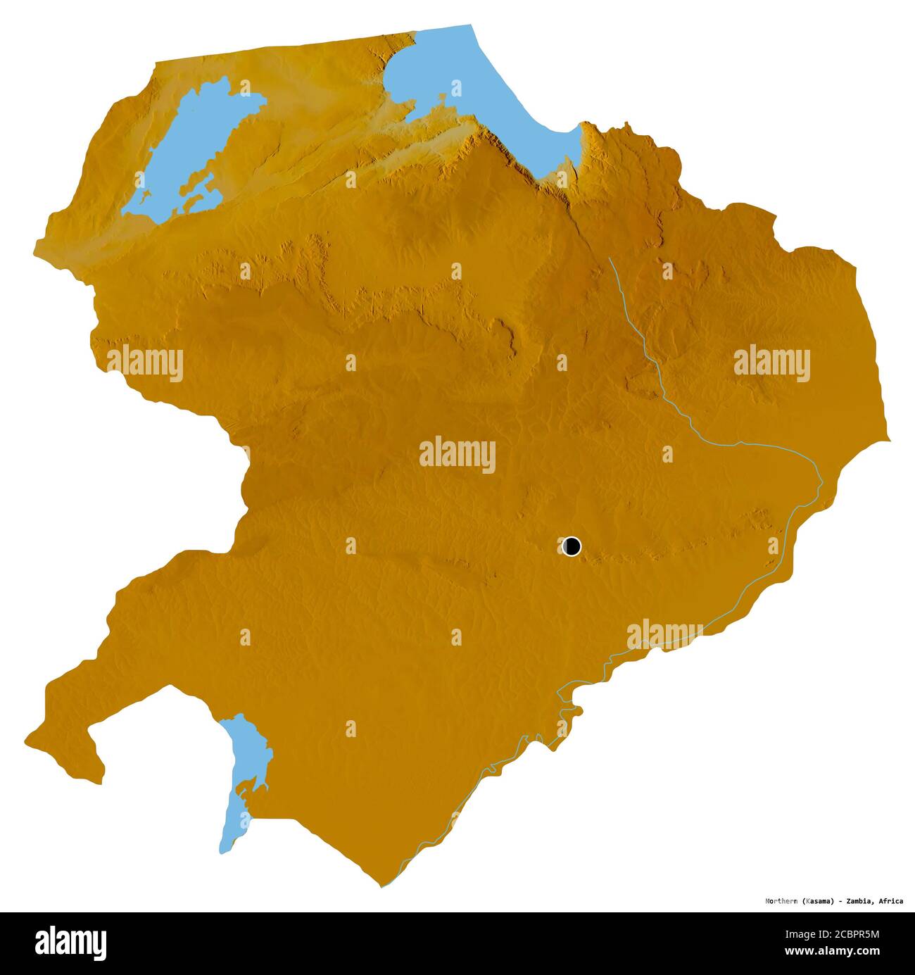 Forme du Nord, province de Zambie, avec sa capitale isolée sur fond blanc. Carte topographique de relief. Rendu 3D Banque D'Images