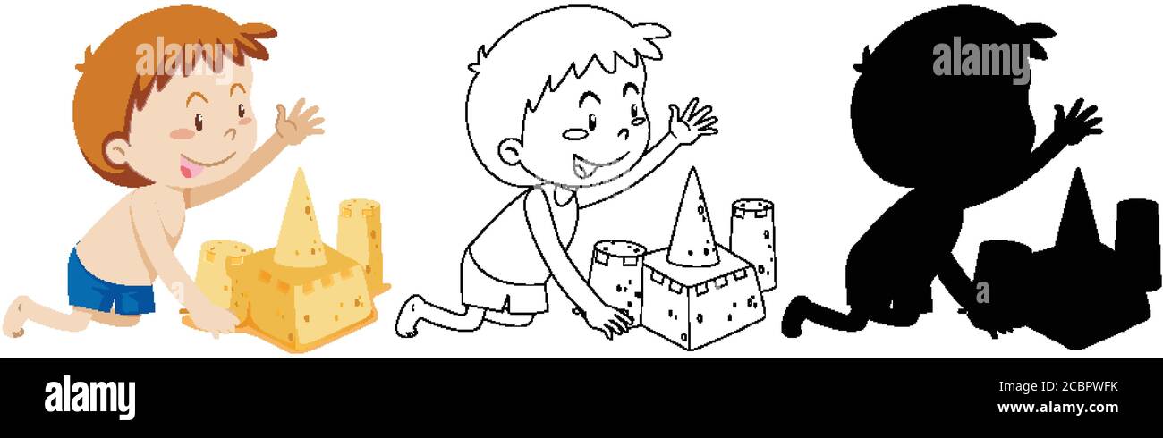 Château de sable de construction de garçon avec son contour et illustration de silhouette Illustration de Vecteur
