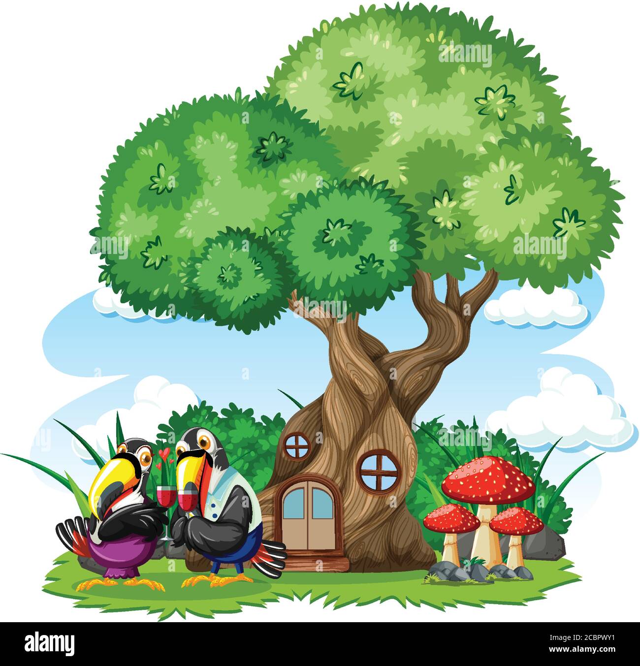 Maison d'arbre avec trois oiseaux de style caricature sur fond blanc illustration Illustration de Vecteur