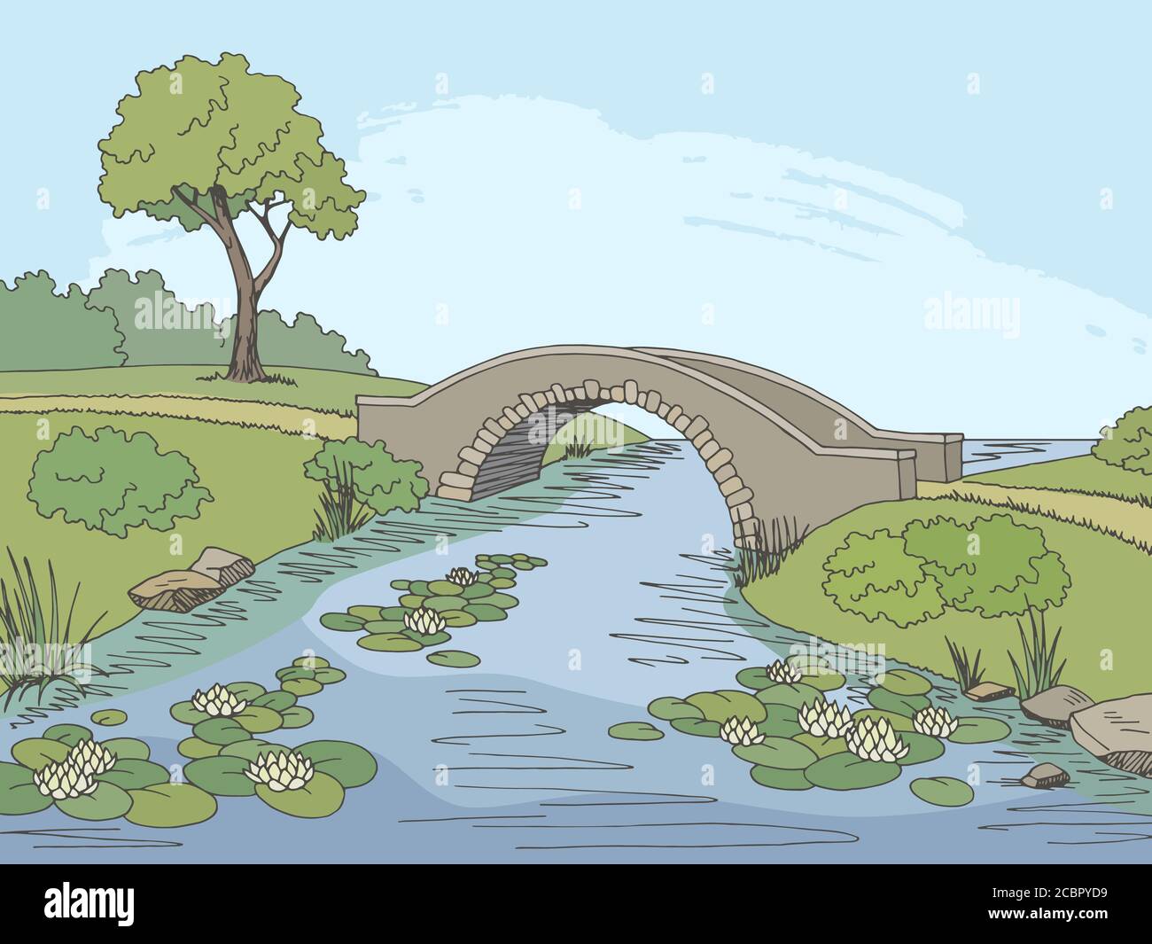 Pont rivière graphique couleur paysage esquisse vecteur d'illustration Illustration de Vecteur