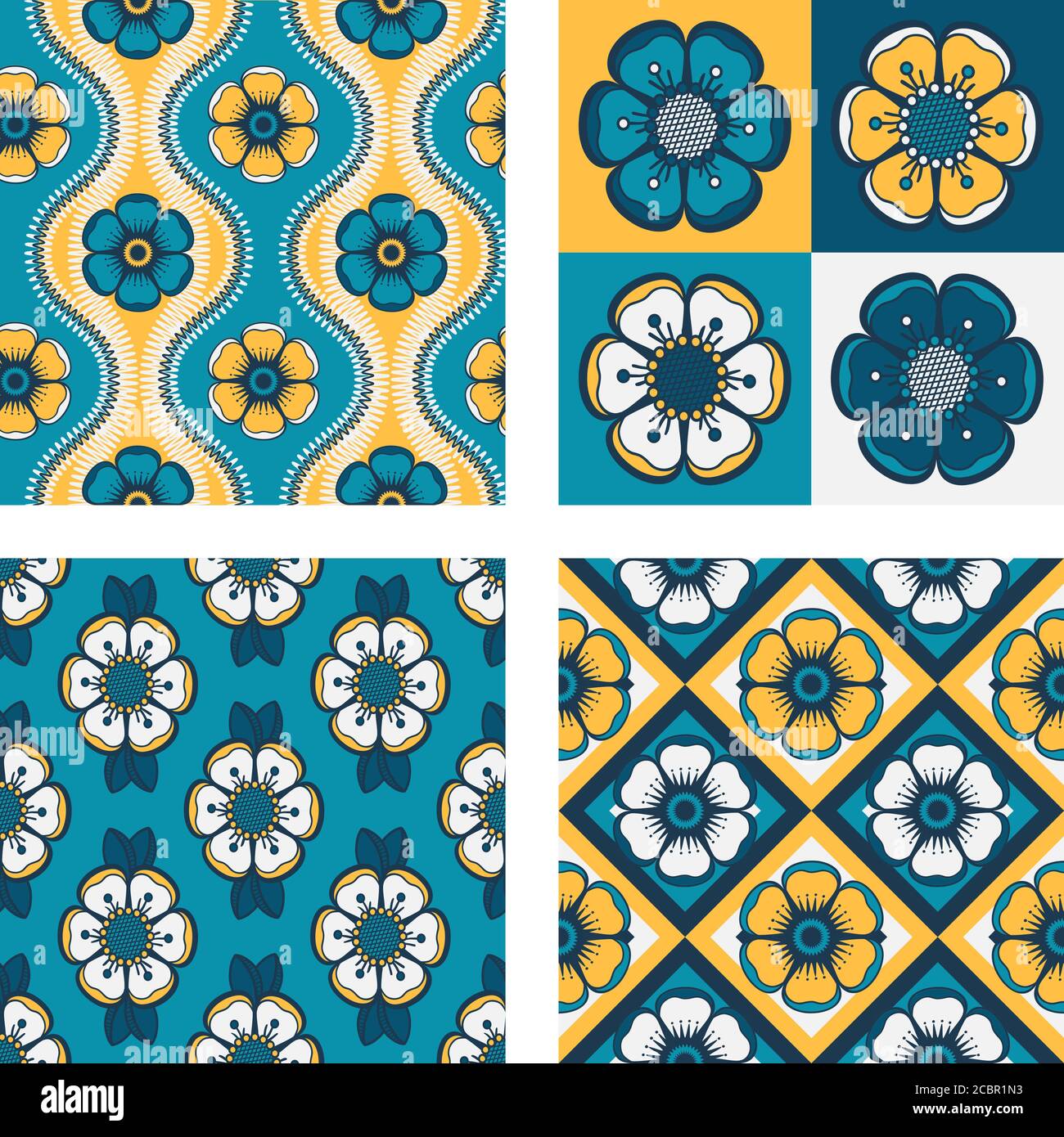 Ensemble de quatre motifs géométriques avec fleurs abstraites, arrière-plans vectoriels sans couture. Pour le textile de mode, le tissu, les fonds. Couleurs rétro - jaune, te Illustration de Vecteur