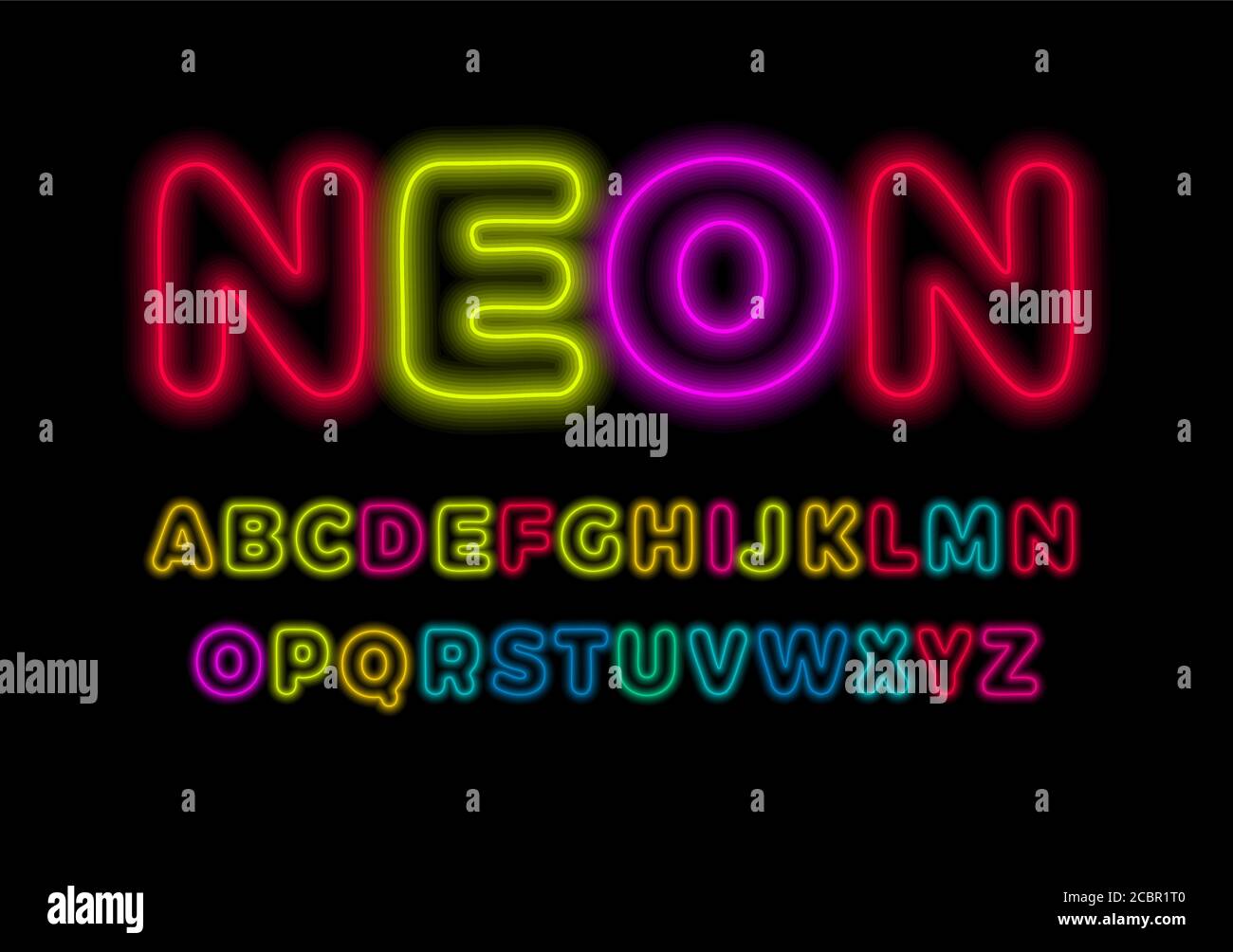 Jeu de lettres néon. Police colorée et brillante. Tubes lumineux style vecteur alphabet latin. Police pour l'événement, la promotion, le logo, la bannière, le monogramme et l'affiche. Jeu de caractères Illustration de Vecteur