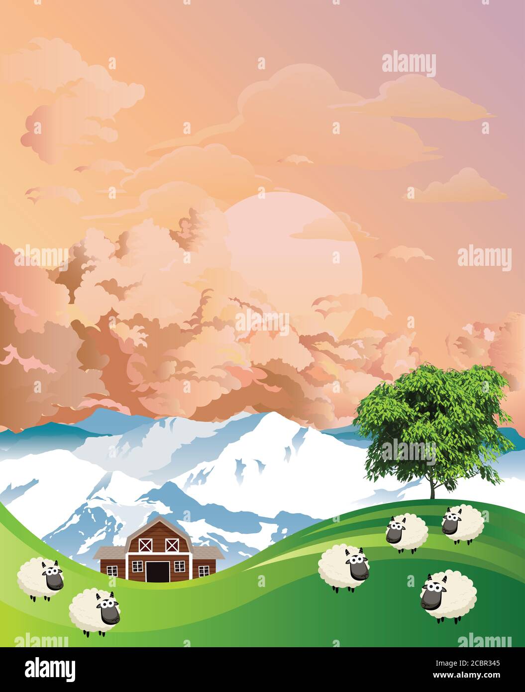 Scène rurale pittoresque avec un troupeau de moutons paître les pâturages montagneux d'été dans les basses terres se sont mis à l'aube ou au crépuscule ciel Banque D'Images