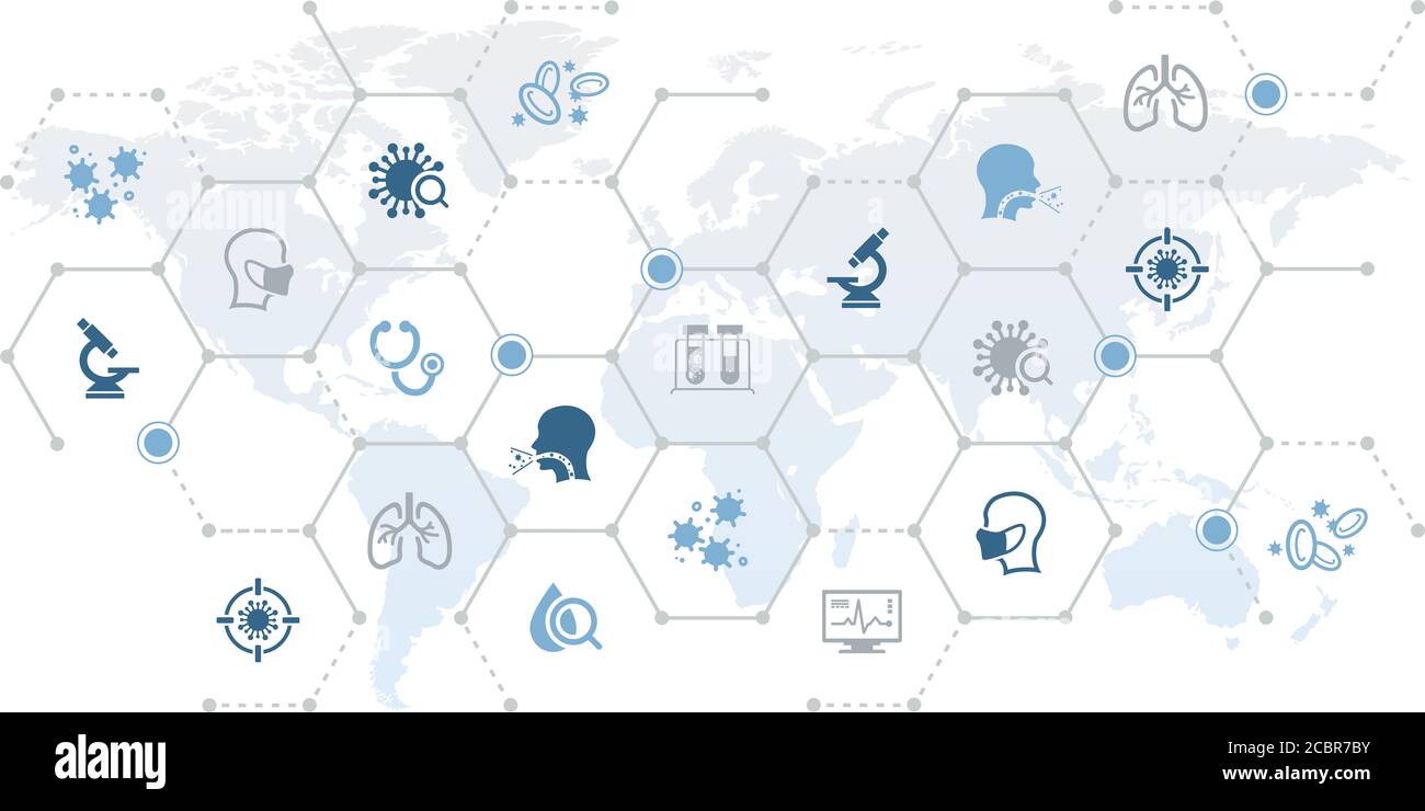 illustration du vecteur du virus corona. Concept abstrait sur une carte du monde avec des icônes liées à l'infection Covid Banque D'Images