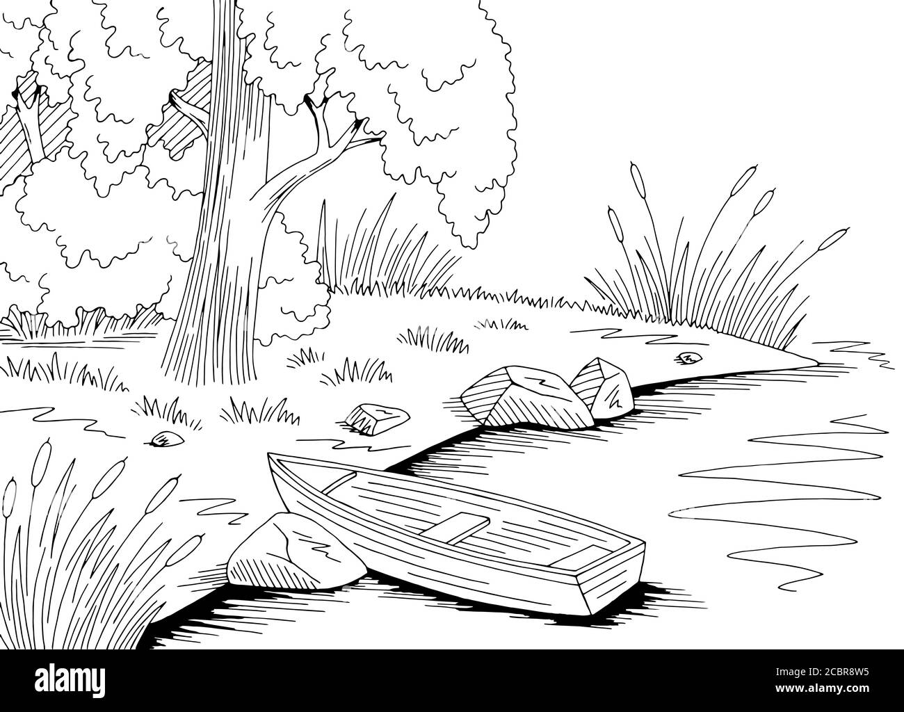 Bateau de rivière graphique noir blanc paysage dessin illustration vecteur Illustration de Vecteur