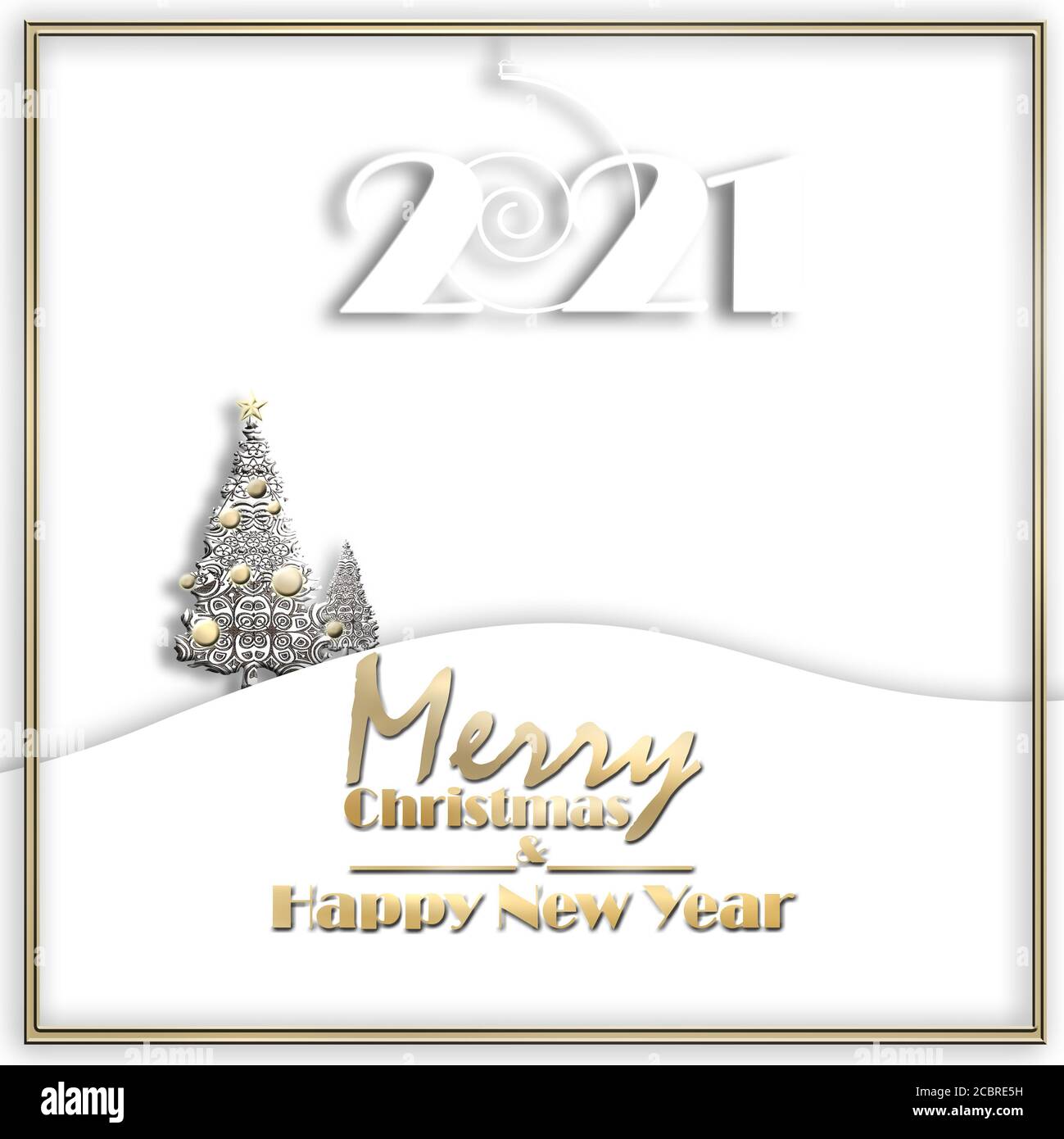 2021 Nouveau-an Crismas paysage minimaliste avec des arbres de noël en or brillant faits de flocons de neige sur fond blanc et suspendu chiffre blanc 2021, texte Joyeux Noël Bonne Année. Illustration 3D. Banque D'Images