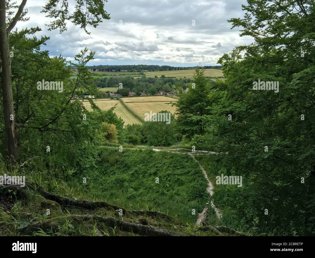 Vue depuis le château du vieux Sarum et les buttes funéraires Banque D'Images