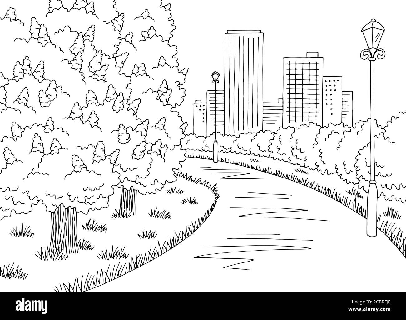 Parc graphique noir blanc châtaignier arbre fleurs paysage dessin illustration vecteur Illustration de Vecteur