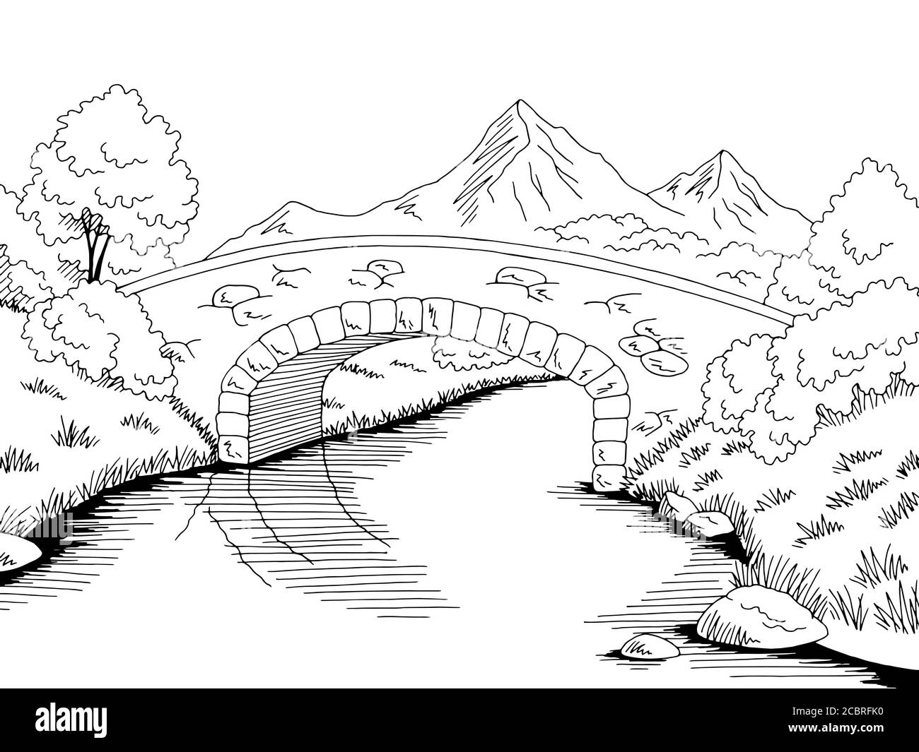 Pont graphique rivière noir blanc paysage dessin vecteur d'illustration Illustration de Vecteur